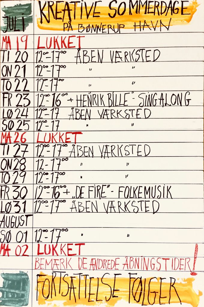 Sidste 2 uger af juli.
Her har vi masser af åben værksted.
Det har været et hit at male på sten og fisk.
Det fortsætter vi med - og vi udvider med skulptur i drivtømmer/træklodser og ståltråd, evt med silkepapir m.m.
Her bliver der noget for voksne.
Kreativiteten blomstrer.